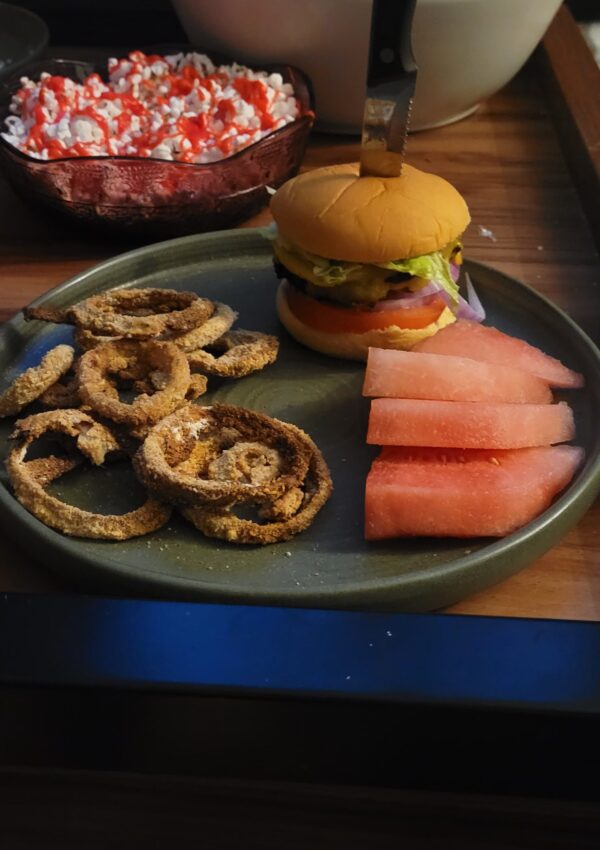 Burgers and Dairy free onion rings